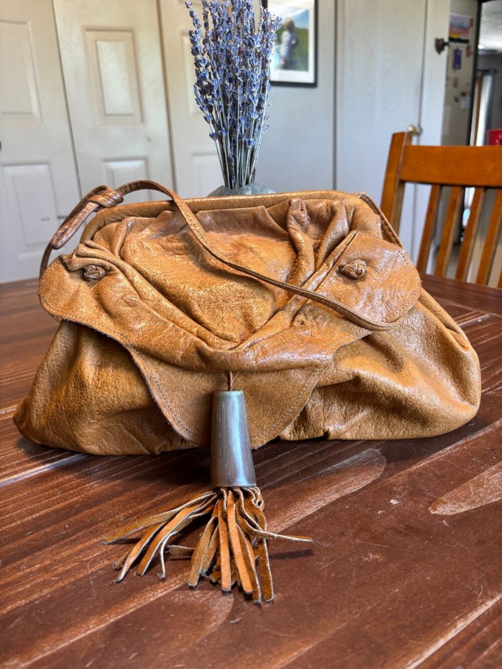 Vintage Carlos Falchi Style Tan Leather Horn Tassel Frame Bag